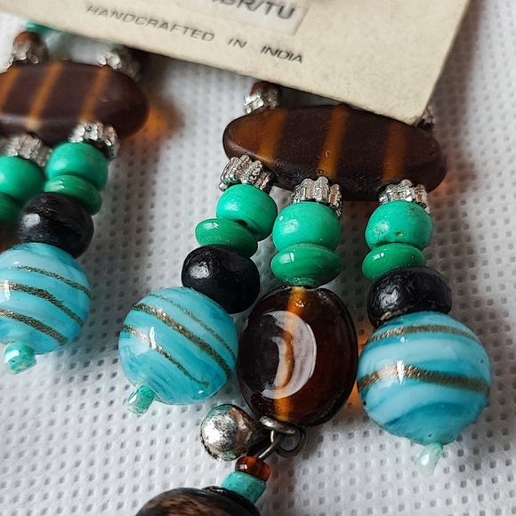 Brown Turquoise Venetian Glass Tortoise Beaded Island Harry Haslett Earrings - Picture 3 of 4